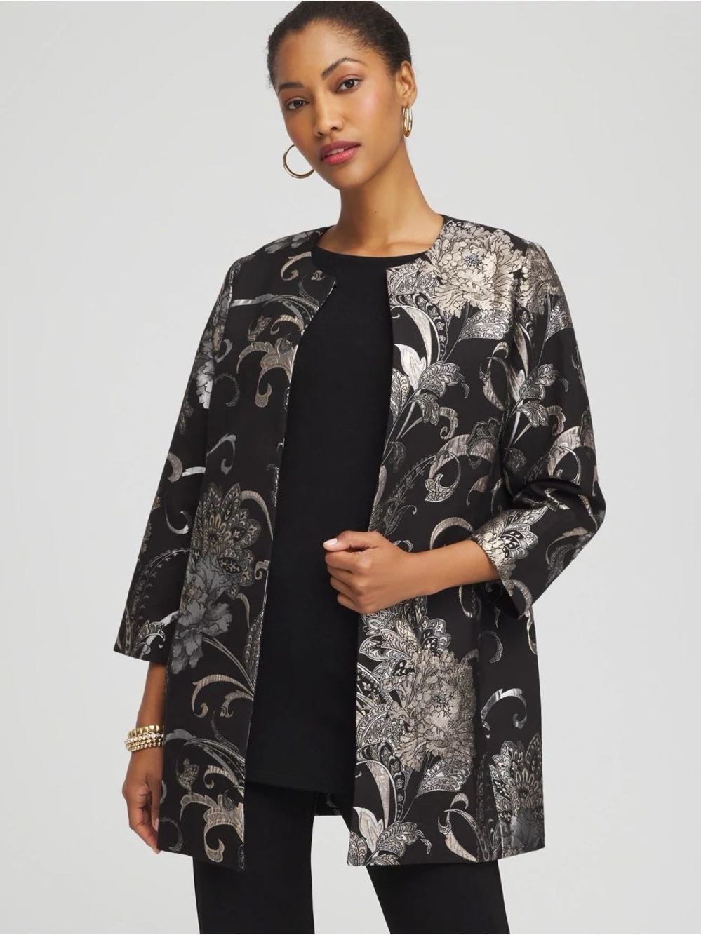 CHICO’S Black Silver & Gold Metallic Jacquard Floral Open-Front Evening Jacket